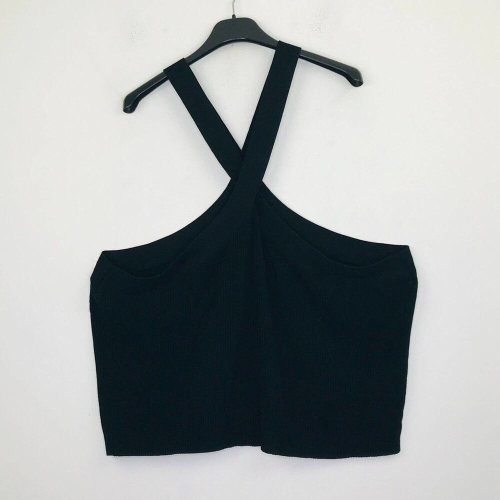 Halogen Women's 3X Sweater Tank Black Cross Neck Halter Ribbed Knit Solid BP14